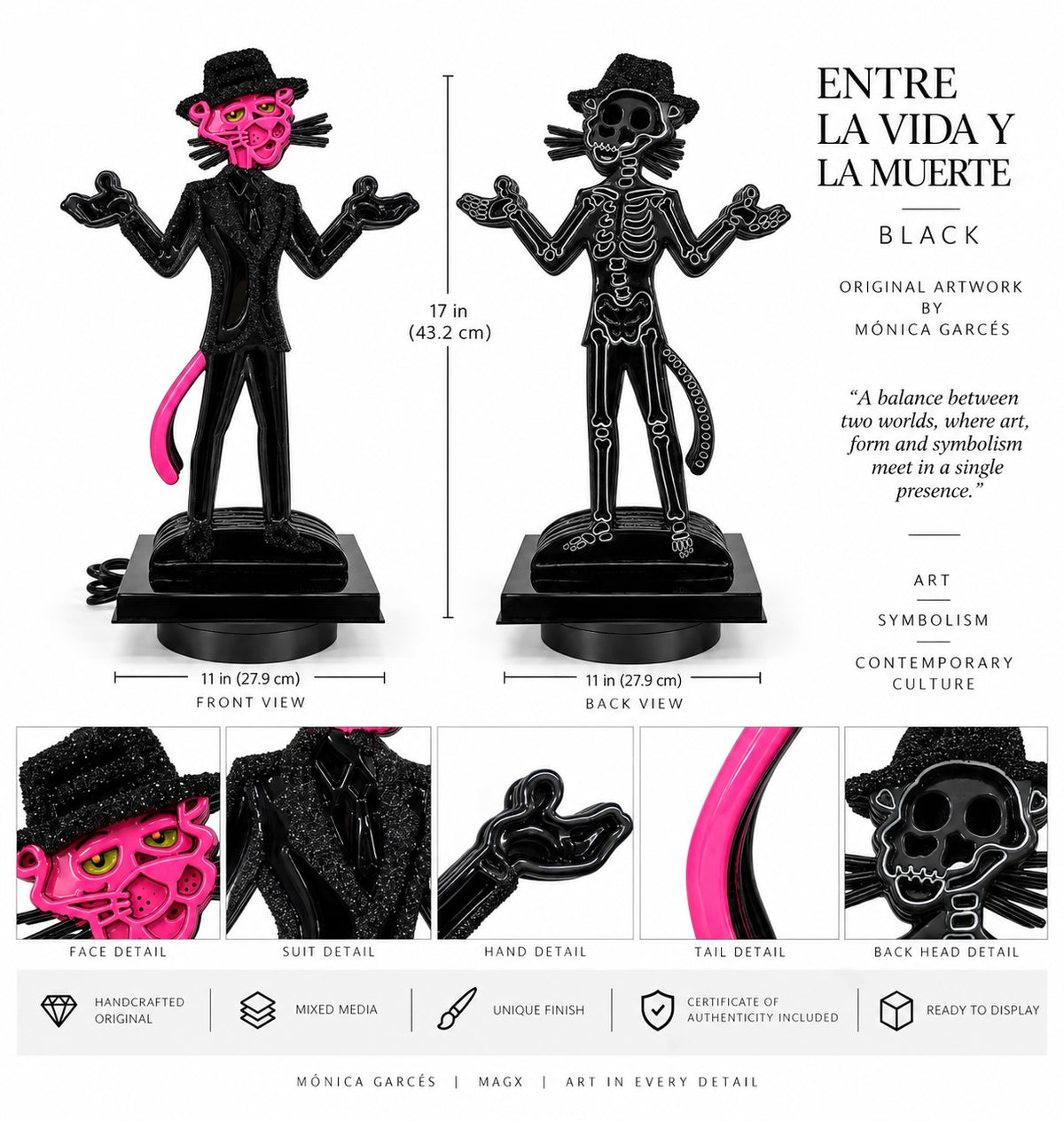 Rotating Resin Sculpture, Panther and Skeleton — Between Life and Death I Black, One of One by Mónica Garcés