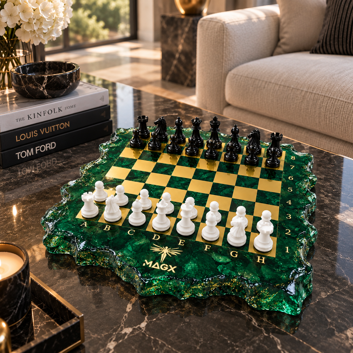Resin Chess Set — Emerald Reign, Luxury Handmade One of One Sculptural Art by MAGX