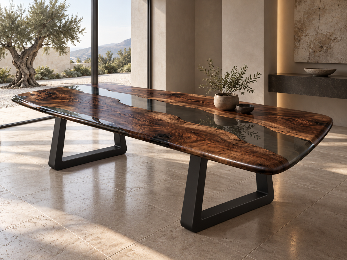 Black Olive live edge epoxy dining table in a contemporary interior setting