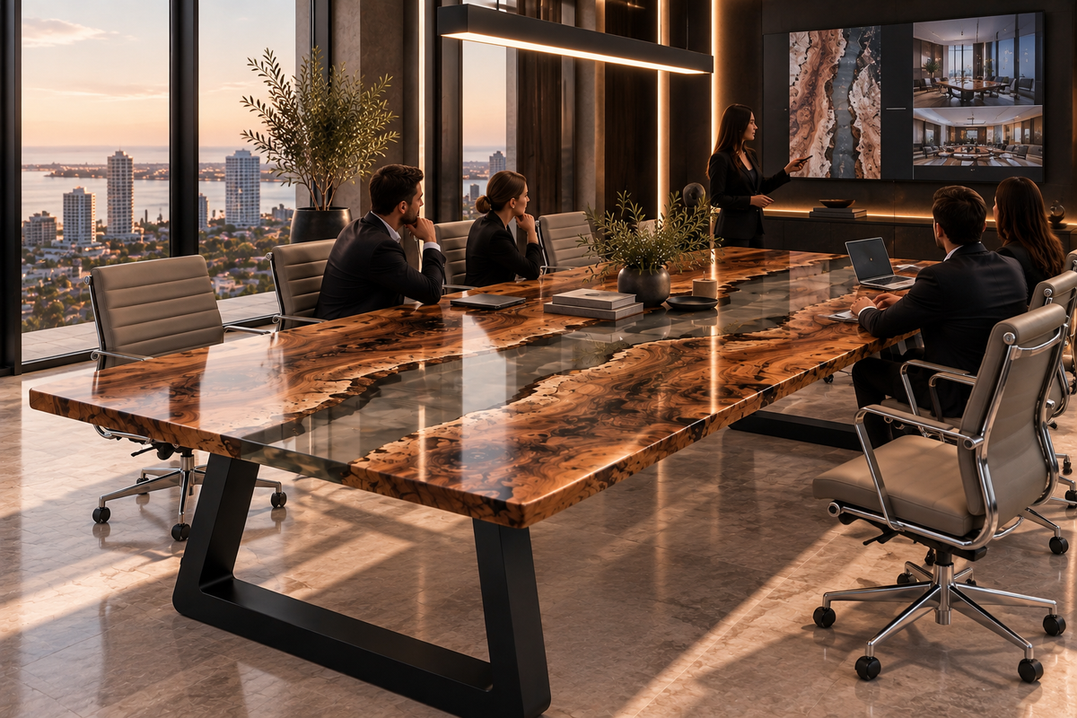 Black Olive live edge epoxy conference table in an executive meeting with a presentation