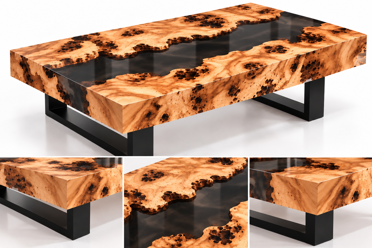 MAGX sculptural coffee table combining warm olive wood, dark translucent epoxy resin and geometric matte black steel bases.