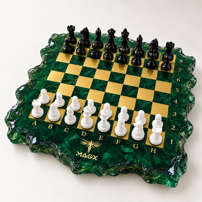 Resin Chess Set — Emerald Reign, Luxury Handmade One of One Sculptural Art by MAGX