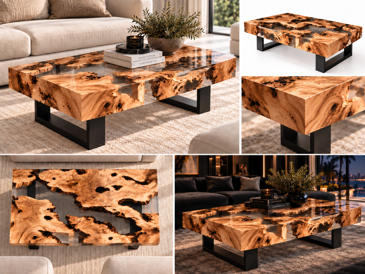 Olive wood coffee table with crystal-clear epoxy resin and organic live edges — MAGX