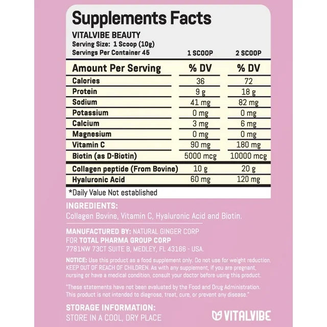 Vitalvibe Hydrolyzed Bovine Collagen Peptides – 22 Servings Grass-Fed, Vitamin C, Hyaluronic Acid & Biotin, Supports Skin, Hair, Nails & Joint Health – Unflavored, Easy to Mix (Copia)