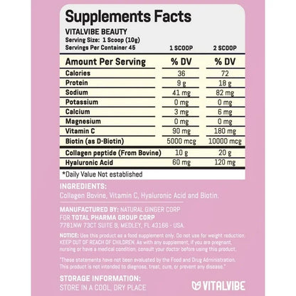 Vitalvibe Hydrolyzed Bovine Collagen Peptides – 22 Servings Grass-Fed, Vitamin C, Hyaluronic Acid & Biotin, Supports Skin, Hair, Nails & Joint Health – Unflavored, Easy to Mix (Copia)