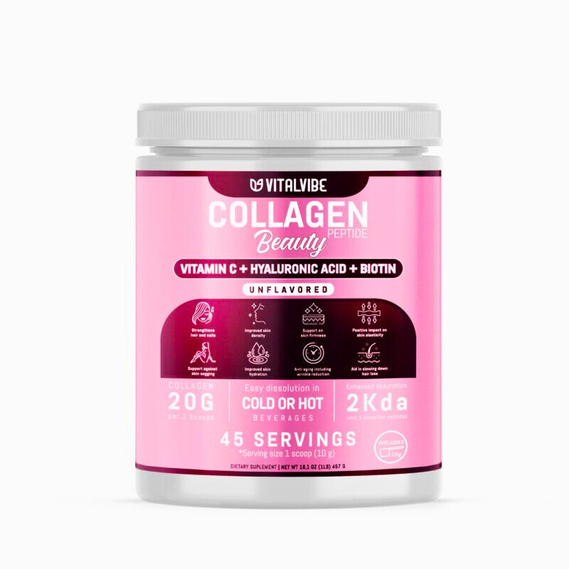 VitalVibe Hydrolyzed Bovine Collagen Powder – 45 Servings – With Vitamin C, Hyaluronic Acid & Biotin – Supports Healthy Skin, Hair, Nails & Joints – Grass-Fed, Unflavored (Copia)