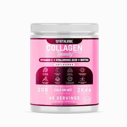 VitalVibe Hydrolyzed Bovine Collagen Powder – 45 Servings – With Vitamin C, Hyaluronic Acid & Biotin – Supports Healthy Skin, Hair, Nails & Joints – Grass-Fed, Unflavored (Copia)