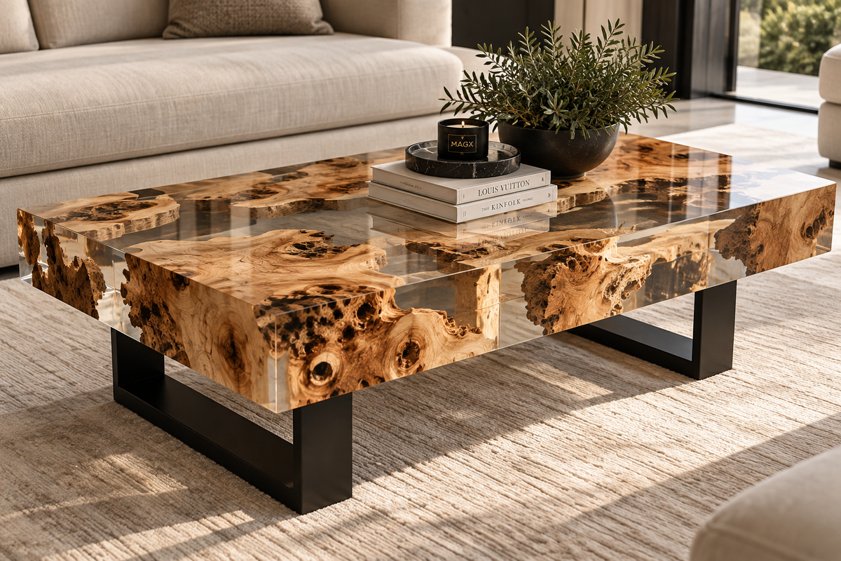 Handcrafted olive wood and clear epoxy coffee table with matte black steel bases — MAGX