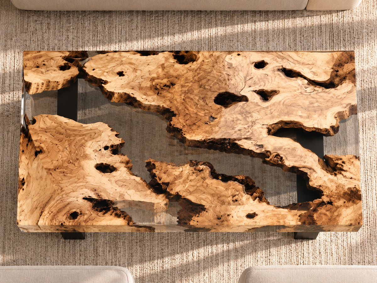 Detail of natural olive wood grain and crystal-clear epoxy resin coffee table — MAGX