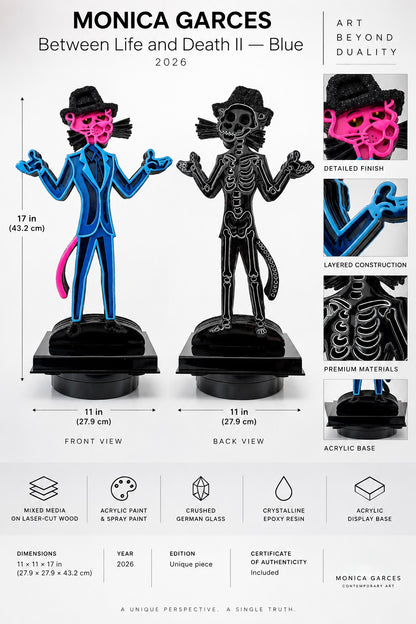 Rotating Resin Sculpture, Panther and Skull — Between Life and Death II Blue, One of One by Mónica Garcés