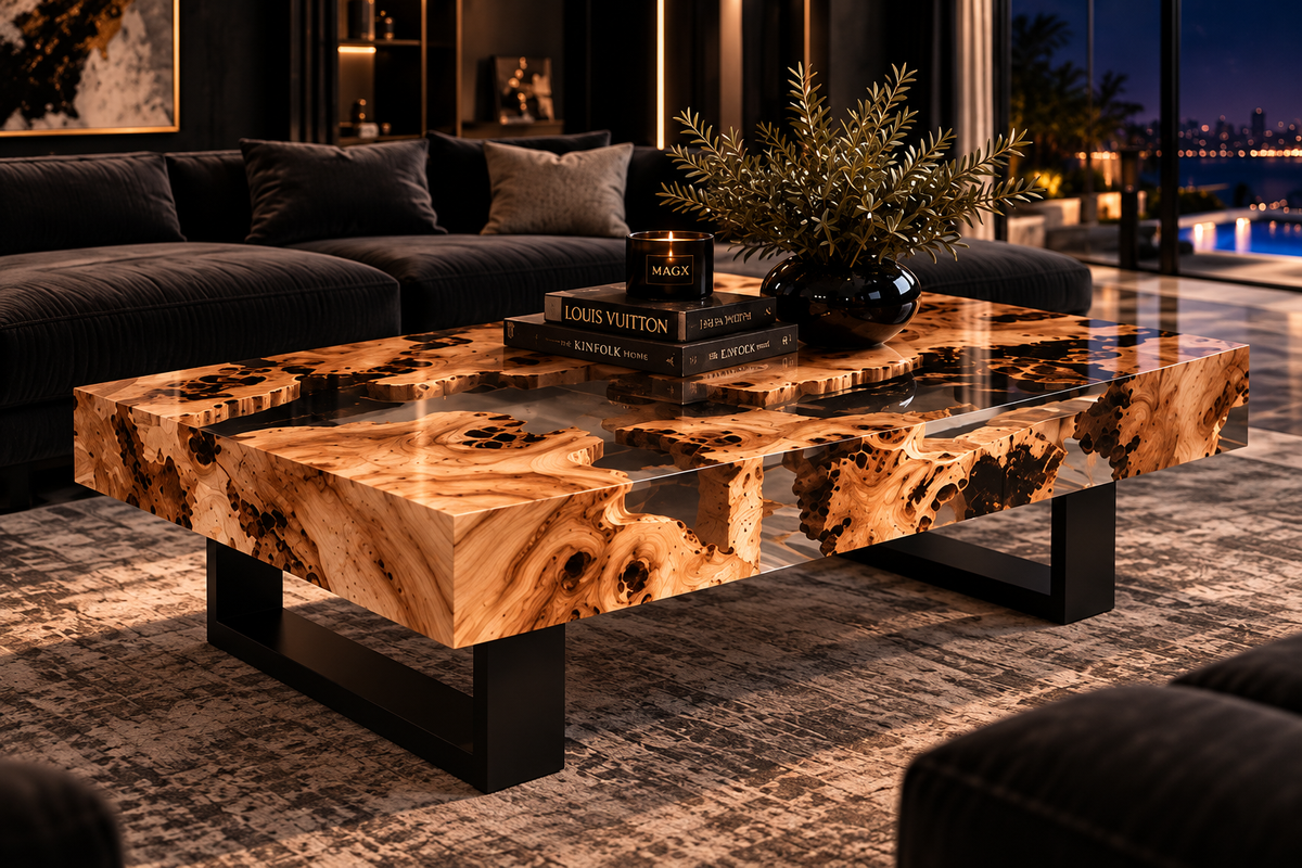 Clear resin olive wood coffee table with sculptural live edge design — MAGX
