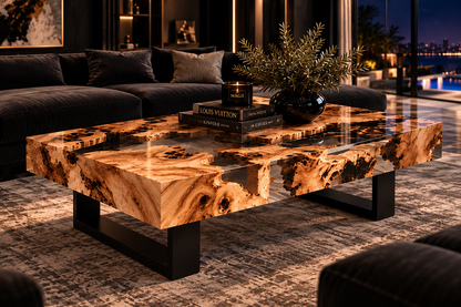 Clear resin olive wood coffee table with sculptural live edge design — MAGX