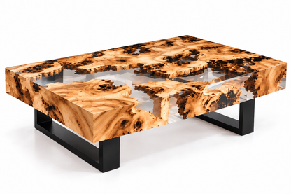 Sculptural clear resin olive wood coffee table for a contemporary living space — MAGX