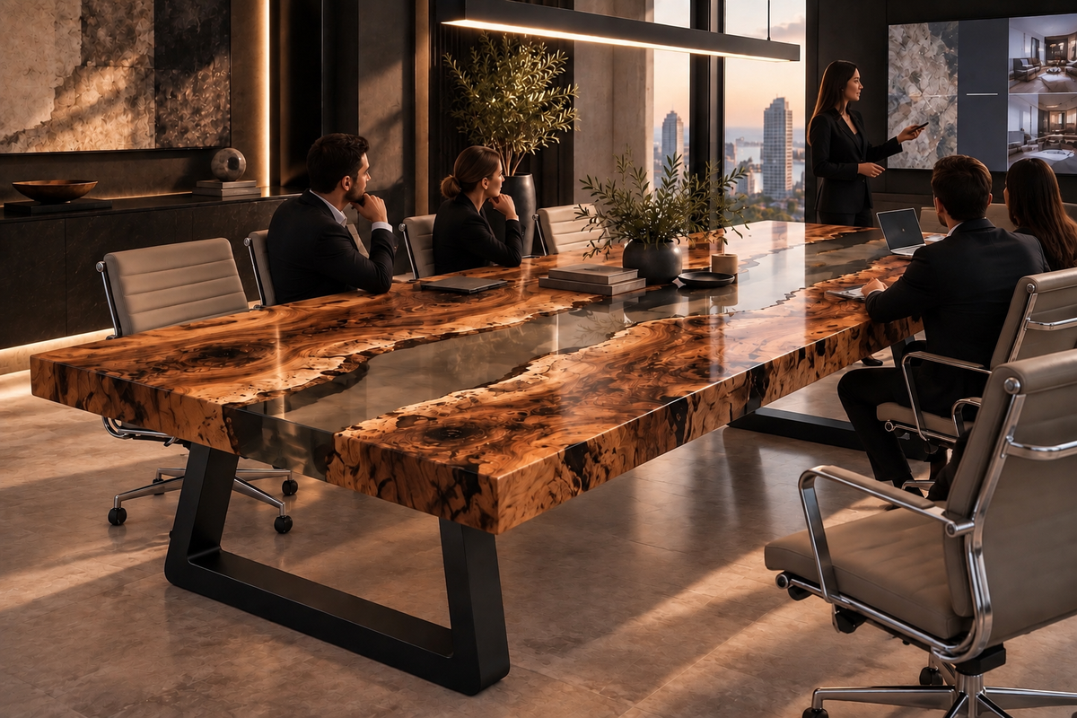 Detail view of Black Olive wood and central translucent smoked epoxy river — MAGX Aura