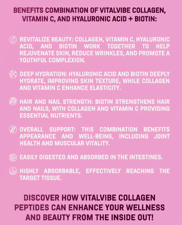 VitalVibe Hydrolyzed Bovine Collagen Powder – 45 Servings – With Vitamin C, Hyaluronic Acid & Biotin – Supports Healthy Skin, Hair, Nails & Joints – Grass-Fed, Unflavored (Copia)