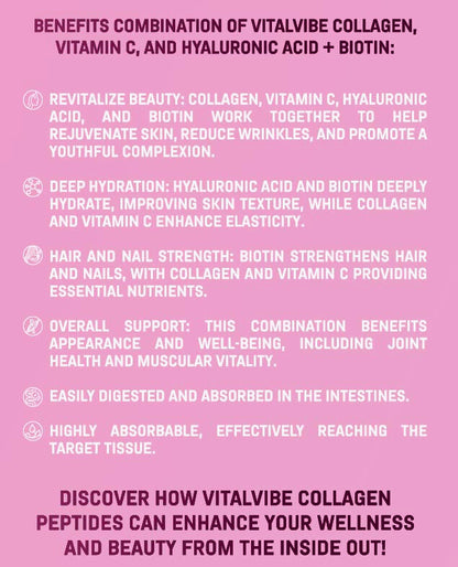 VitalVibe Hydrolyzed Bovine Collagen Powder – 45 Servings – With Vitamin C, Hyaluronic Acid & Biotin – Supports Healthy Skin, Hair, Nails & Joints – Grass-Fed, Unflavored (Copia)