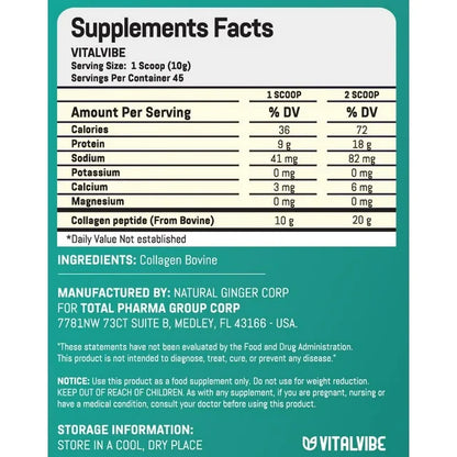 VitalVibe Collagen Peptides Powder – 22 Servings – Unflavored, Grass-Fed, Hydrolyzed – Supports Skin, Hair, Nails, Joints & Muscles – Fast Absorption – 100% Pure Collagen Supplement (Copia)