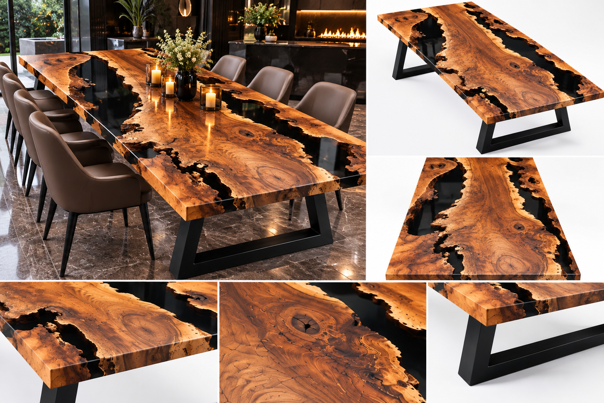 Multiple views of a Black Olive live edge table with glossy black epoxy resin for dining or conference spaces