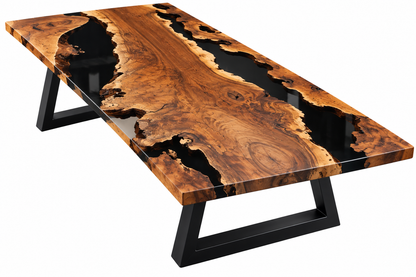 Full view of Black Olive live edge table with glossy black epoxy resin and black bases
