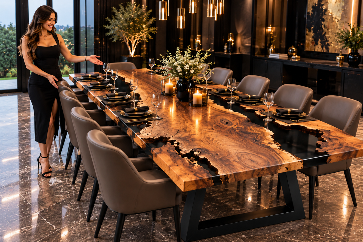 Black Olive live edge dining table with glossy black epoxy resin in a luxury contemporary interior