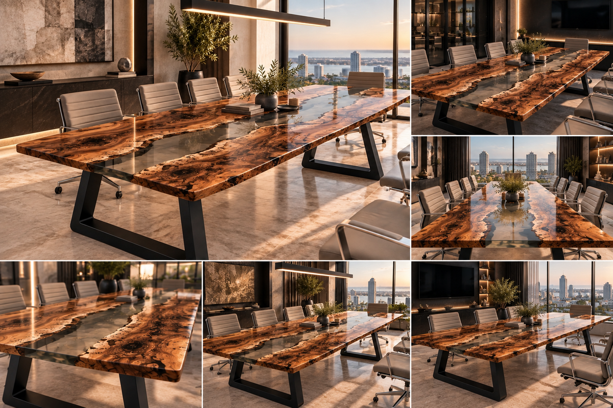Multiple views of the Black Olive live edge epoxy conference table in a contemporary executive meeting space