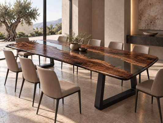 Black Olive live edge epoxy dining table with natural wood and resin river