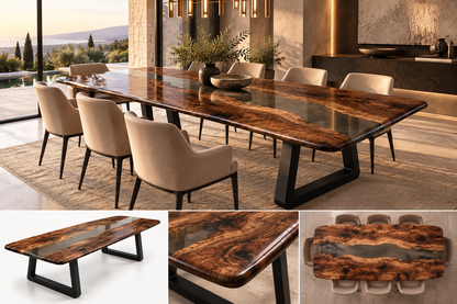 Black Olive live edge epoxy dining table shown from an elevated side angle