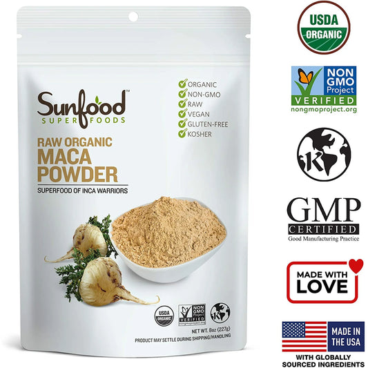 Sunfood Superfoods Raw Maca Root Organic Superfood Powder with Vitamin B1, 8 Oz