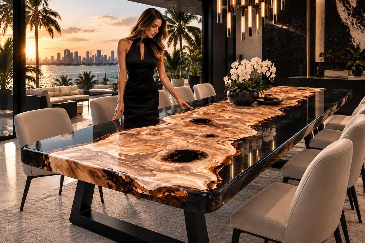 Luxury MAGX Black Olive dining table with dual black epoxy rivers presented with model