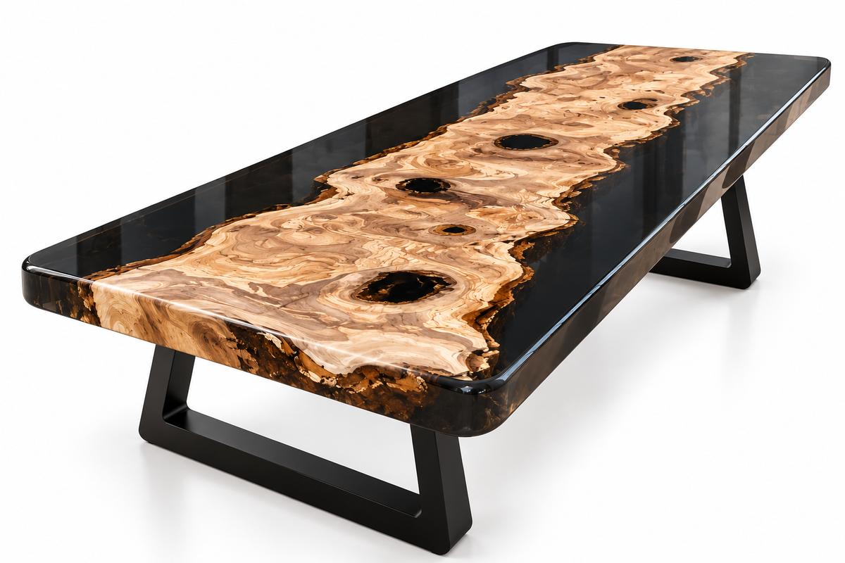MAGX Black Olive dining and conference table with central natural wood and dual smoked black epoxy rivers on white background