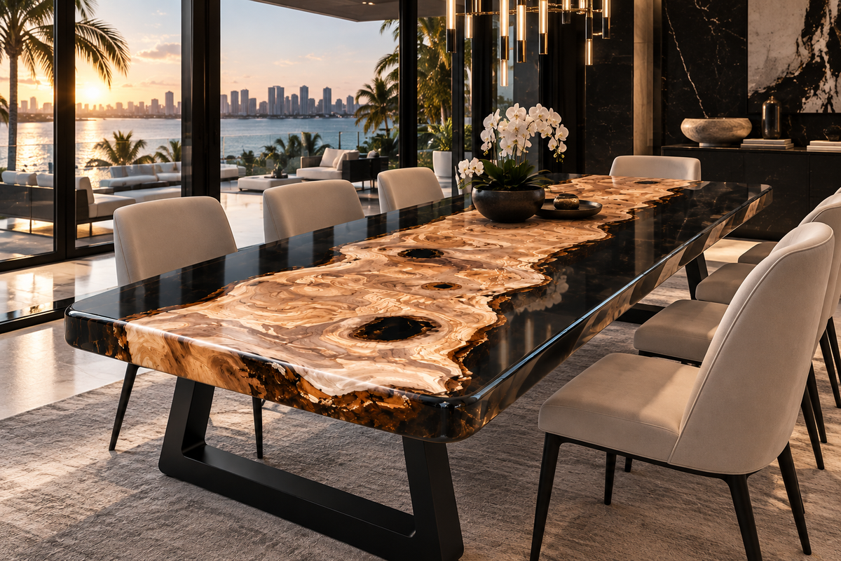 MAGX Black Olive epoxy dining and conference table in luxury waterfront Miami interior