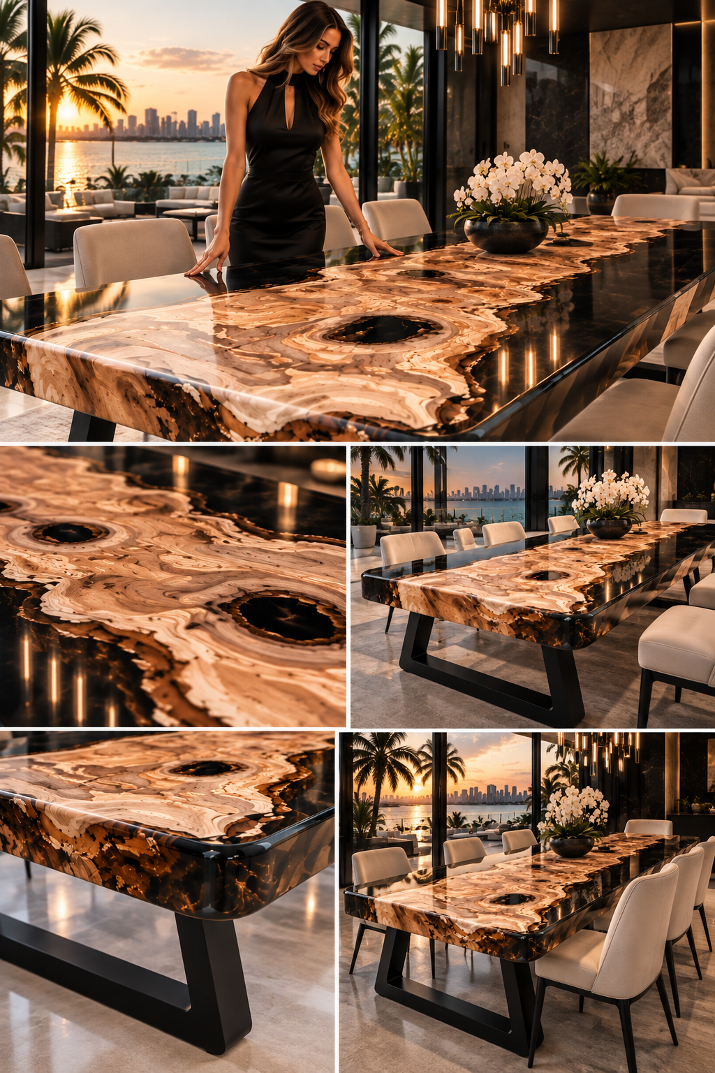 MAGX dual smoked black epoxy dining table collage showing wood grain glossy resin and matte black steel base