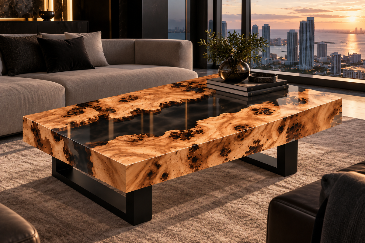 MAGX luxury coffee table handcrafted from natural olive wood with a translucent smoked black epoxy resin river.