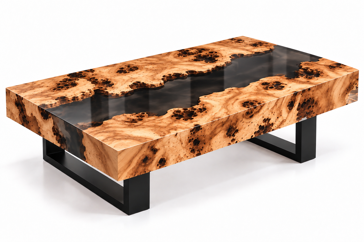 Handcrafted MAGX olive wood coffee table featuring a central smoked black translucent resin river and polished surface.