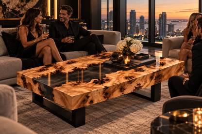 Contemporary luxury olive wood and smoked black epoxy river coffee table by MAGX with natural live edges.